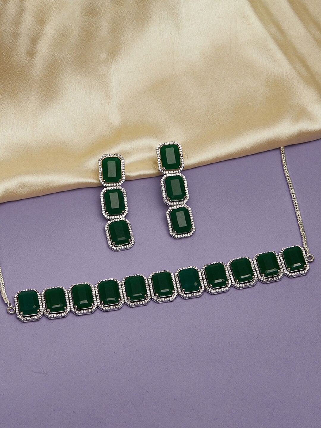

Voylla Silver-Plated & Green CZ Studded Jewellery Set