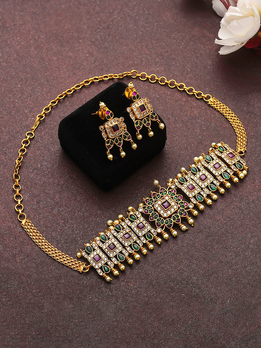 

Voylla Gold-Plated & Golden-Coloured Pearls & CZ-Studded Jewellery Set