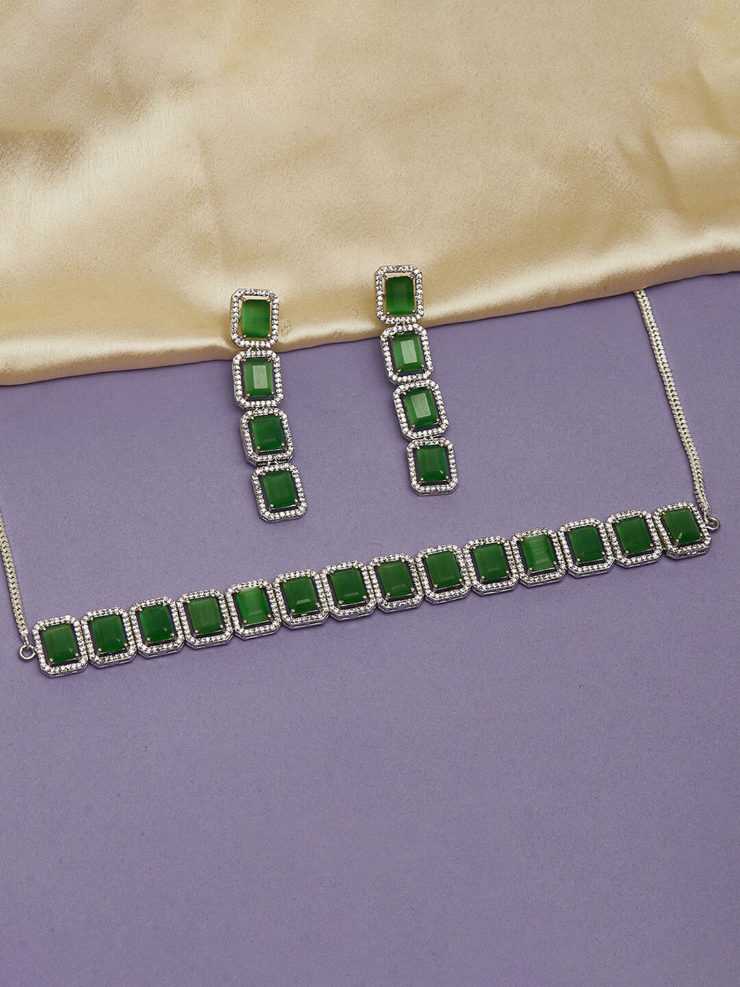 

Voylla Silver Plated & Green CZ Stones Studded Jewellery Set
