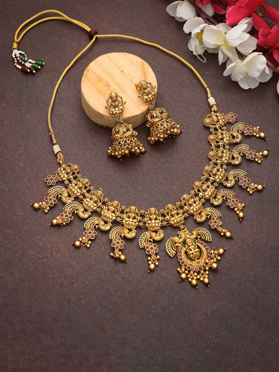 

Voylla Gold-Plated Green & Pink Kundan-Studded & Pearl Beaded Jewellery Set