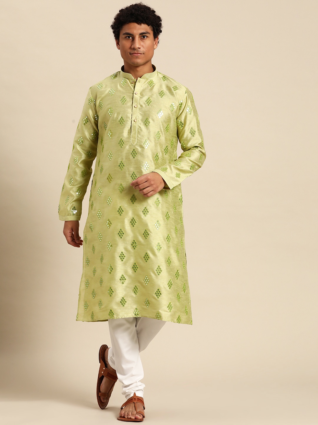 

RAJUBHAI HARGOVINDAS Men Green Mirror Work Kurta with Churidar
