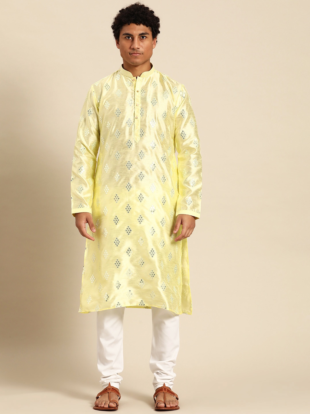 

RAJUBHAI HARGOVINDAS Men Yellow Mirror Work Kurta with Churidar