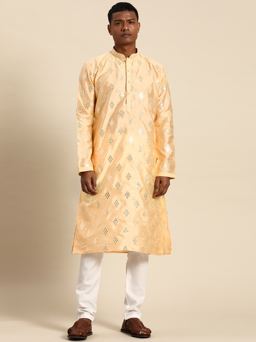 RAJUBHAI HARGOVINDAS Men Cream-Coloured Mirror Work Kurta with Churidar
