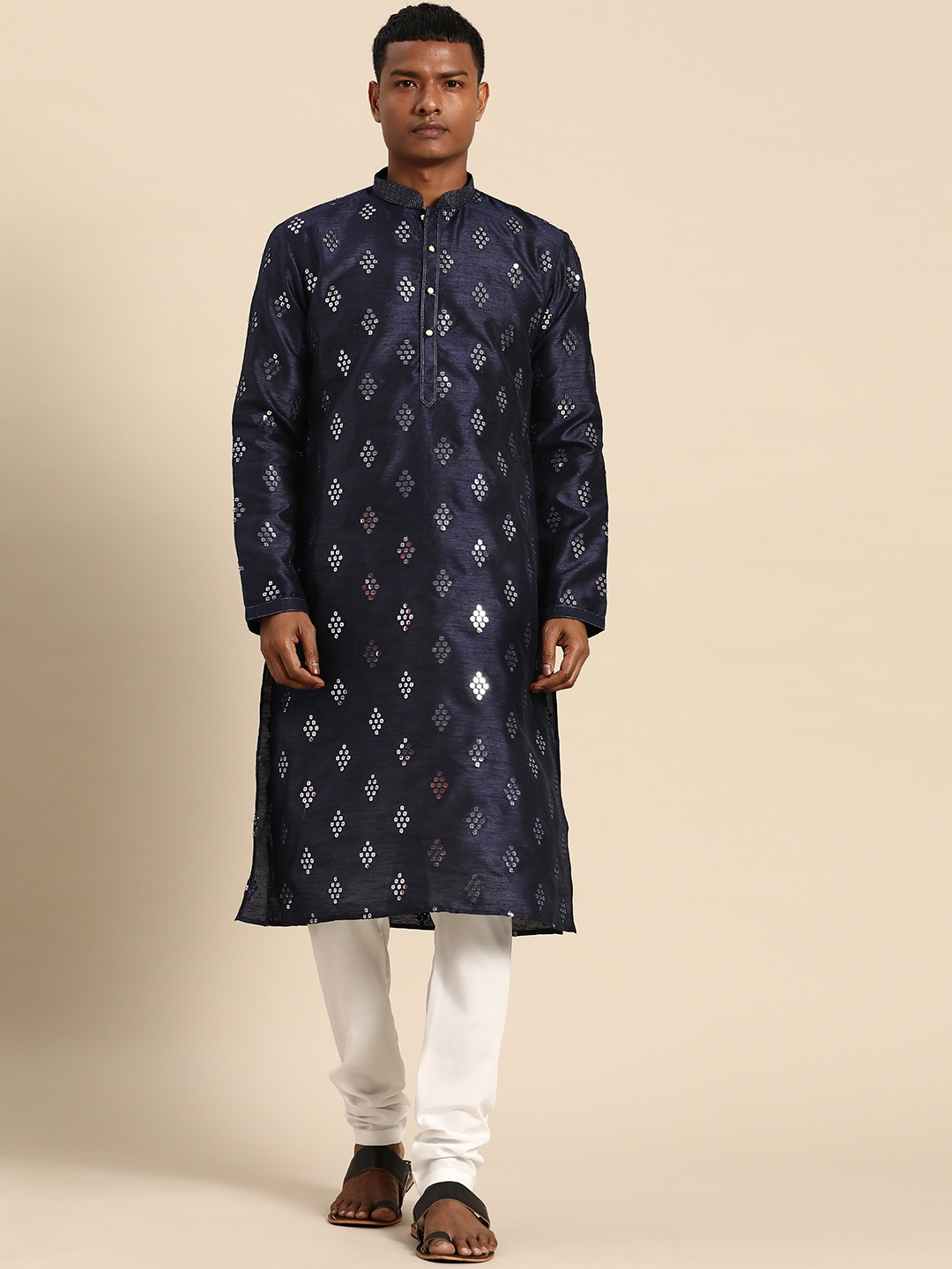 

RAJUBHAI HARGOVINDAS Men Navy Blue Mirror Work Kurta with Churidar