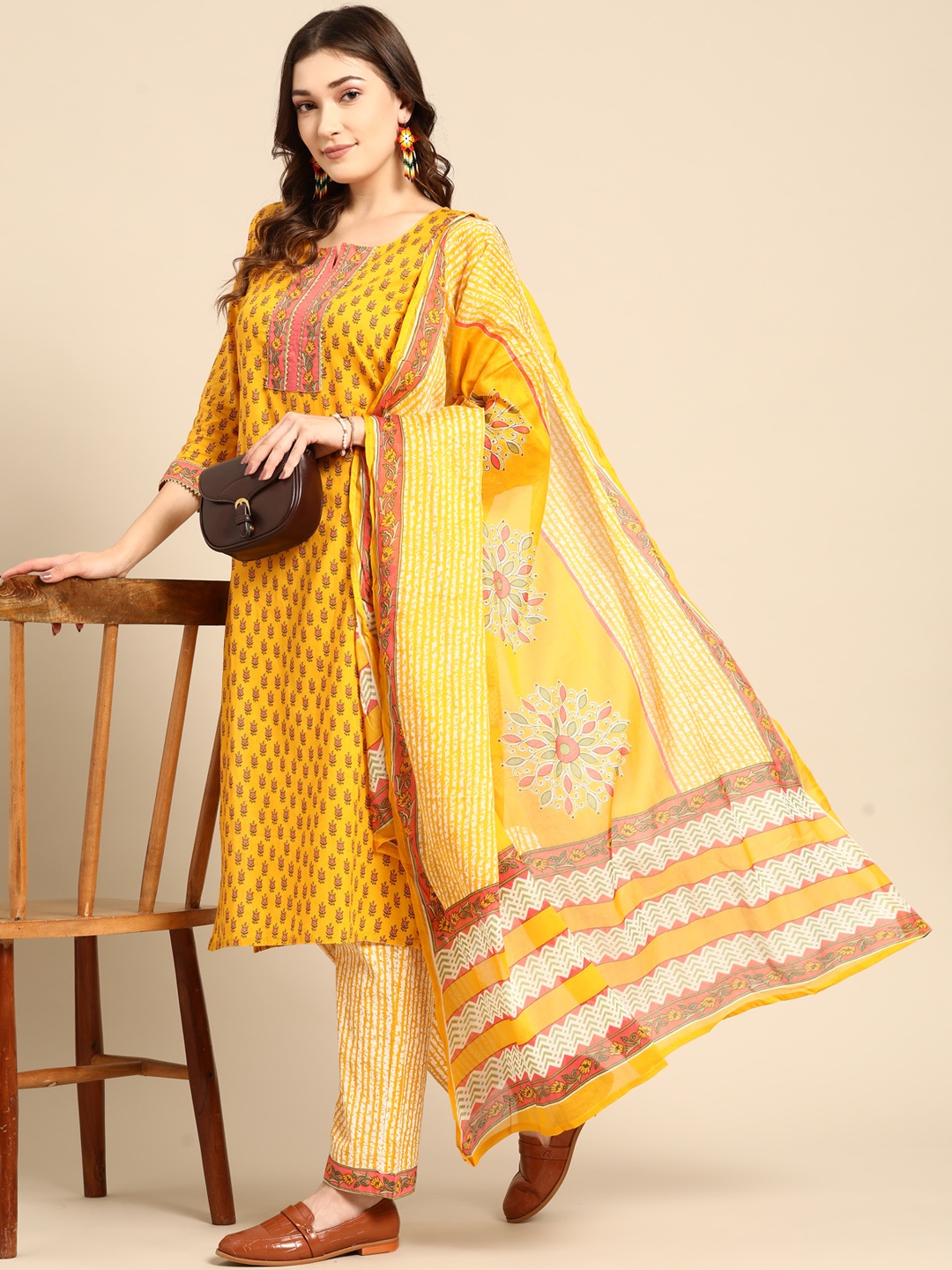 

Sangria Women Yellow & Pink Printed Pure Cotton Kurta with Trousers & Dupatta