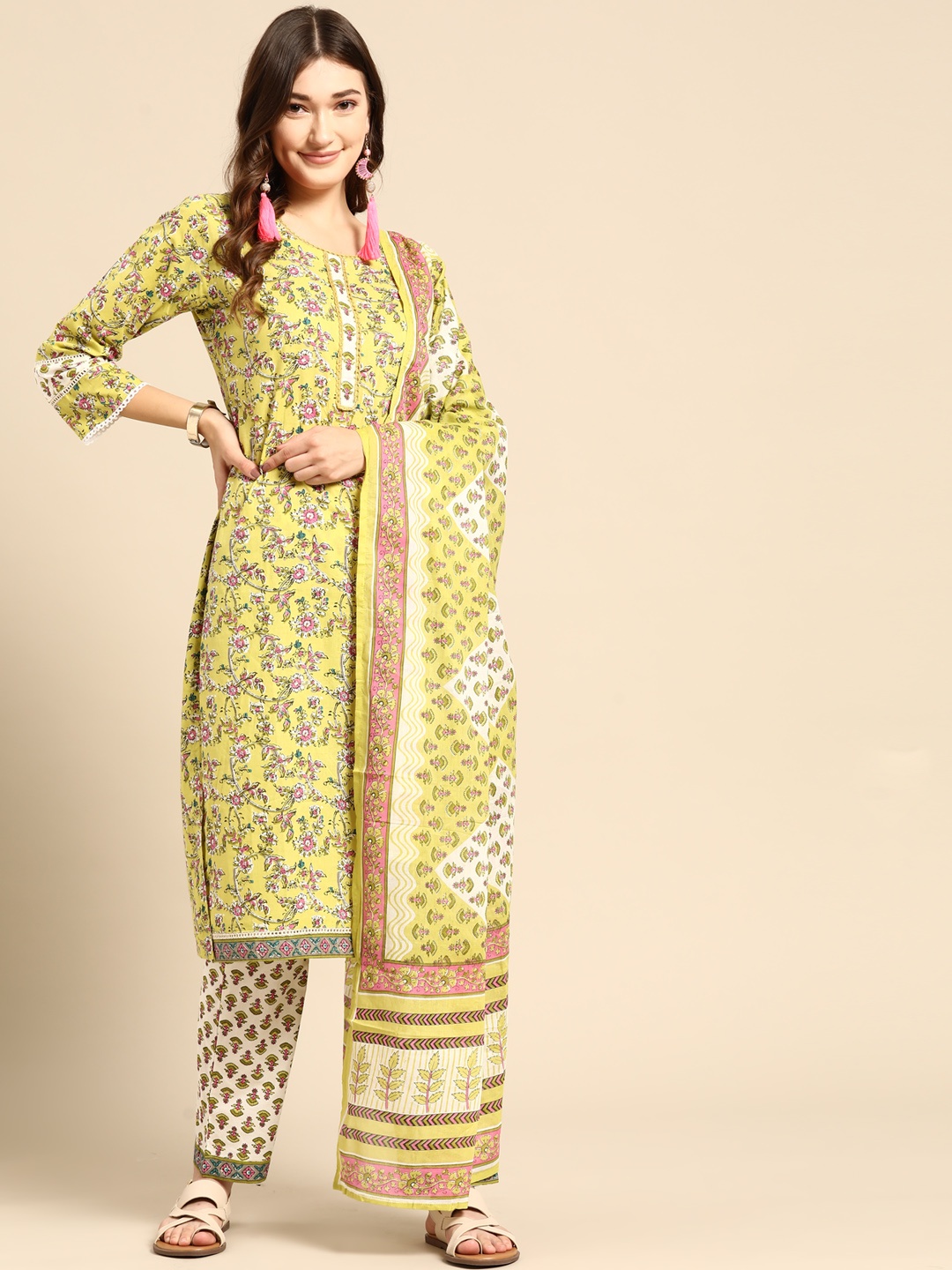 Sangria Women Yellow & Pink Printed Pure Cotton Kurta with Trousers & With Dupatta