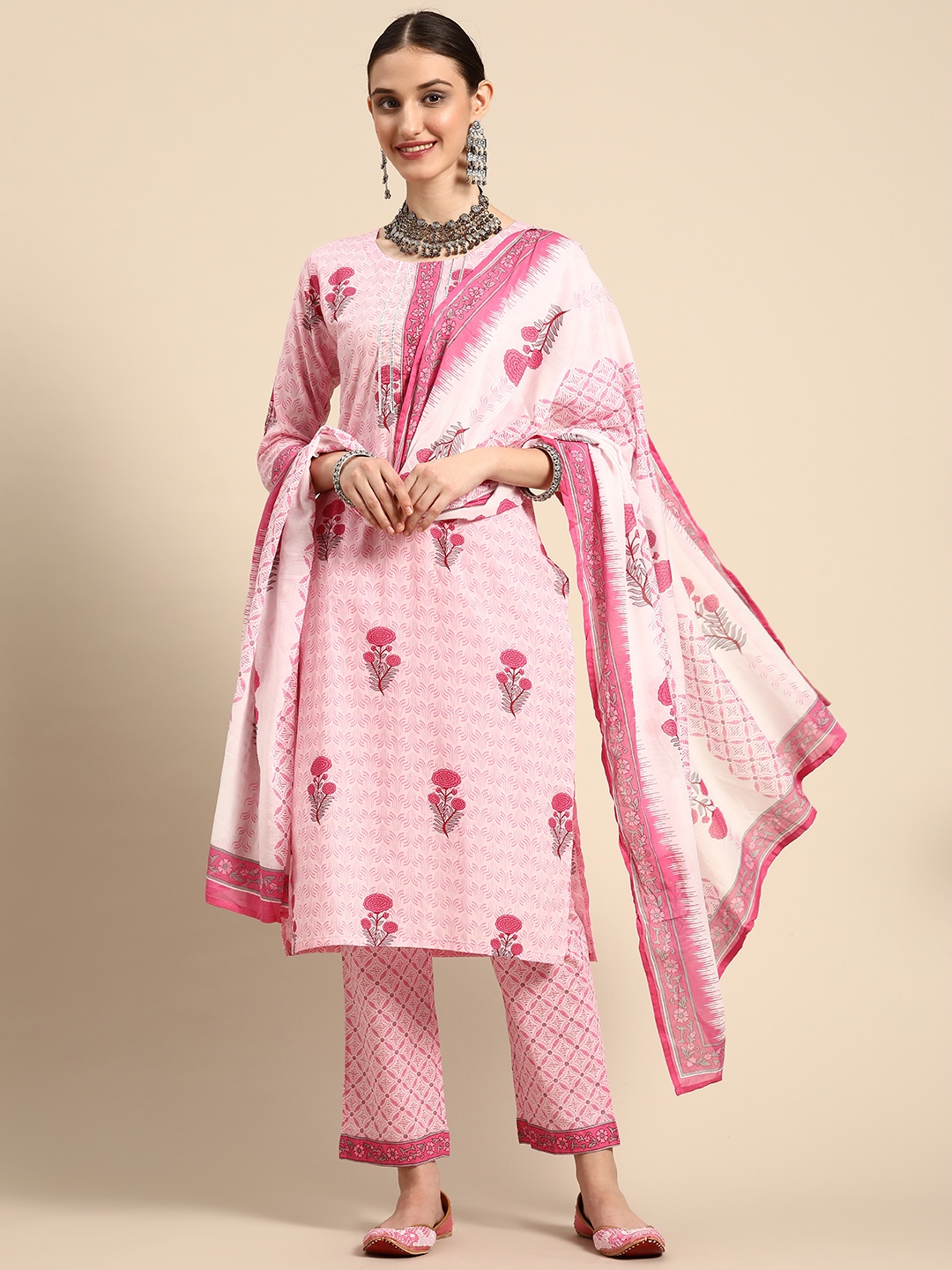 

Sangria Women Ethnic Motifs Printed Pure Cotton Kurta with Trousers & Dupatta, Pink