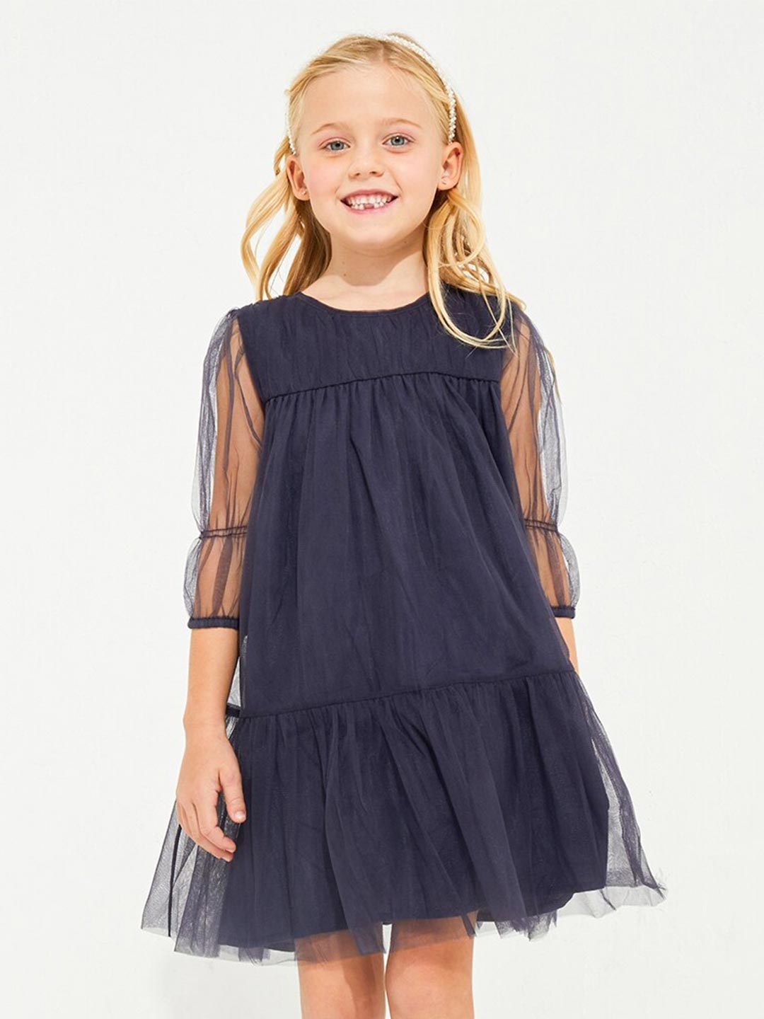

Cherry Crumble Girls Navy Blue Solid Round Neck Net A-Line Dress