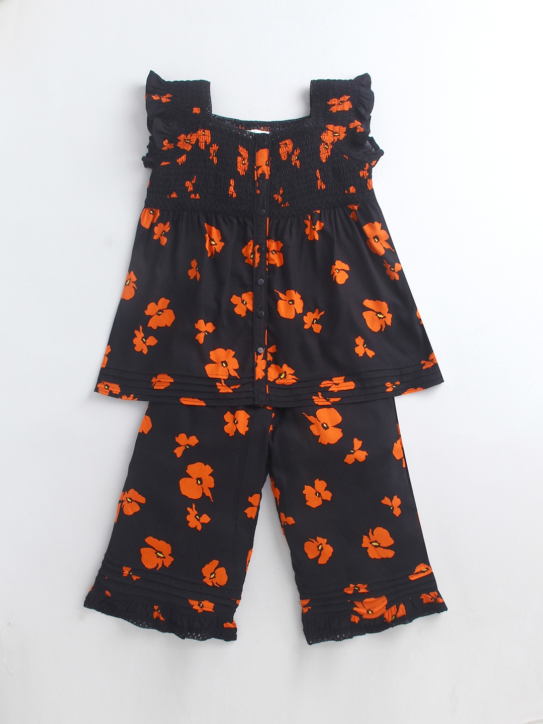 

Cherry Crumble Girls Black & Orange Printed Night suit