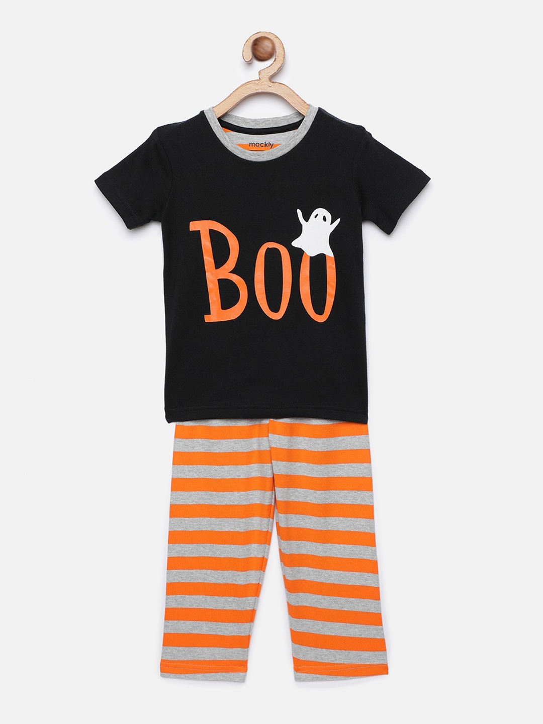 

mackly Boys Black & Orange Printed Night suit