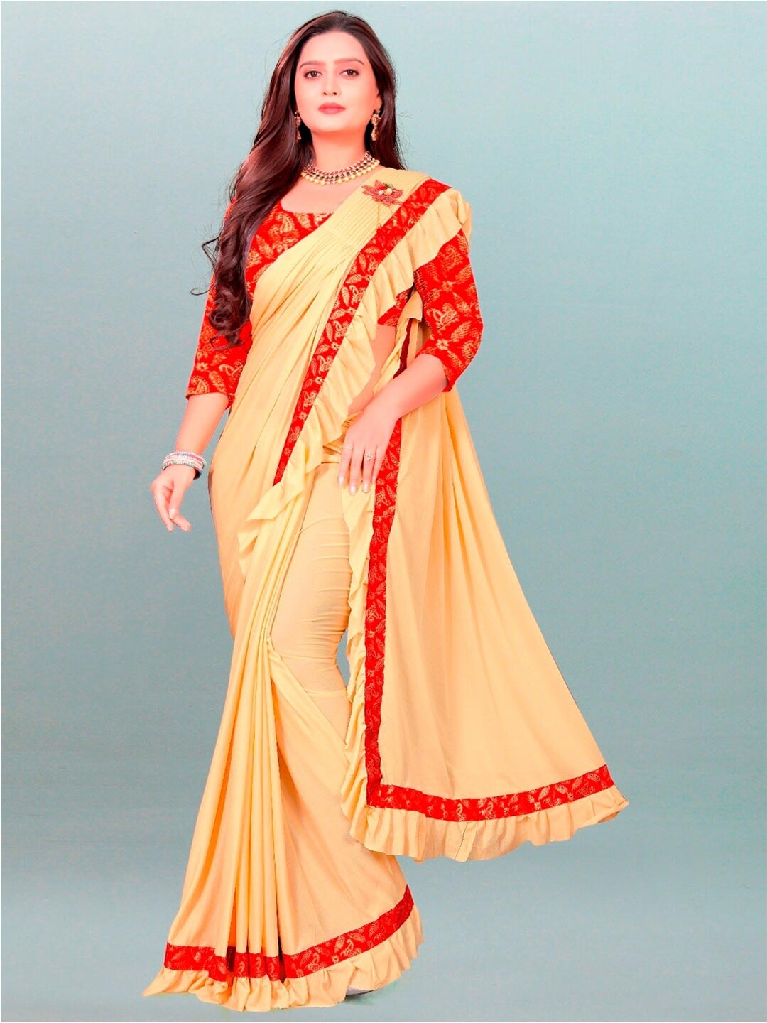 

APNISHA Women Beige & Red Ruffles Saree
