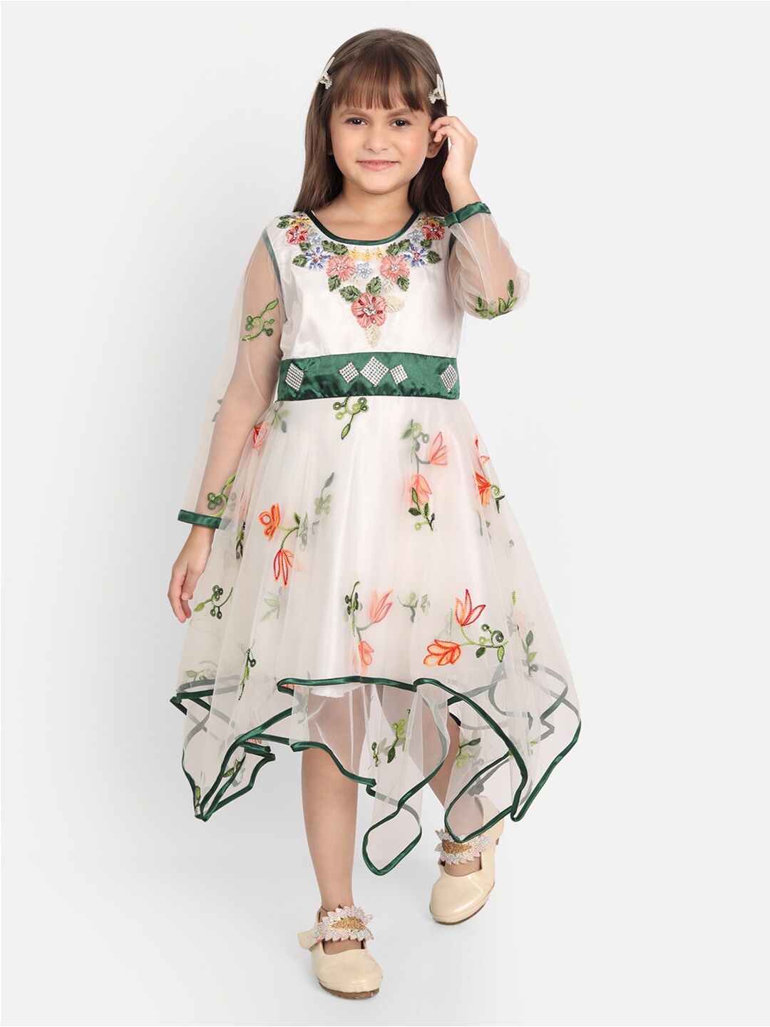 

R Cube White & Green Floral Embroidered Satin Midi Dress