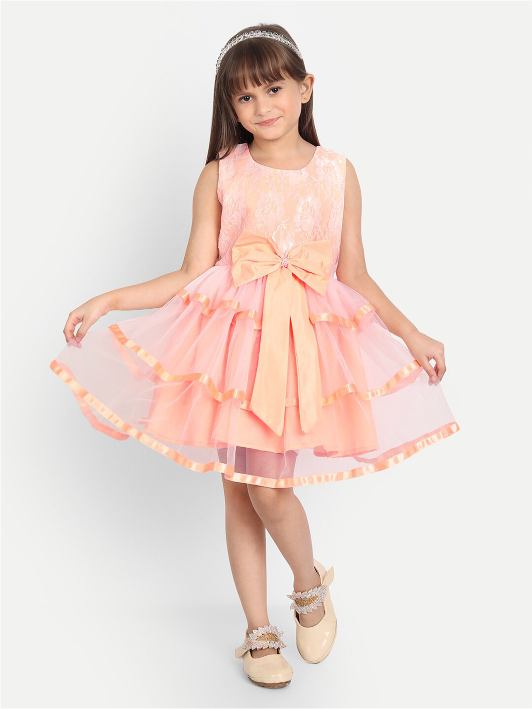 

R Cube Girls Peach-Coloured Satin Fit And Flare Dress