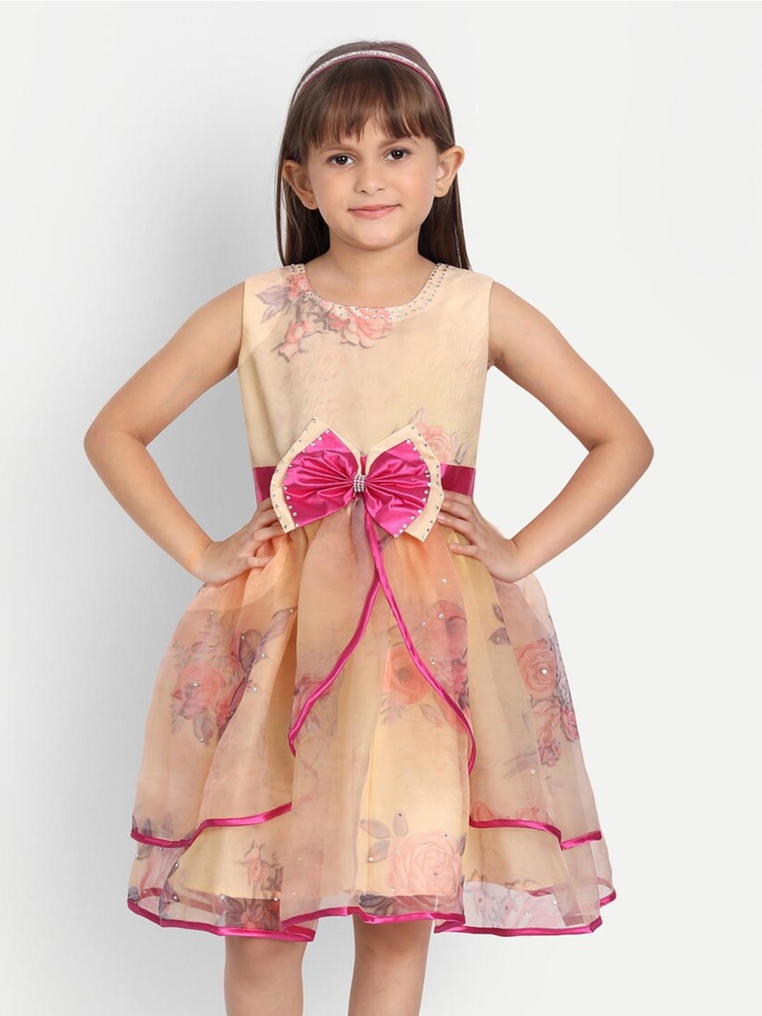 

R Cube Girls Gold-Toned Floral Satin Dress