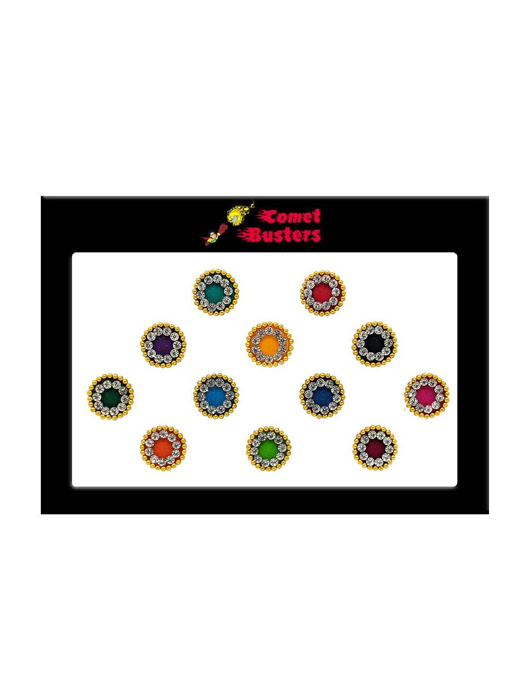 

Comet Busters 12 Pcs Embellished Reusable Designer Round Bindis - Multicoloured, Multi