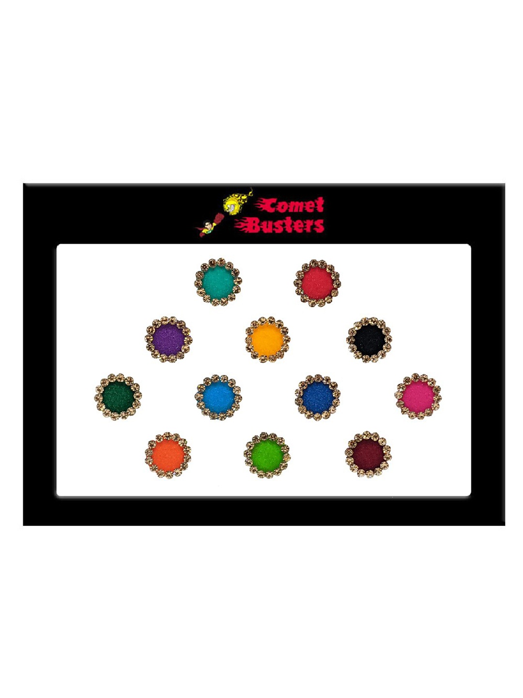 

Comet Busters 12 Pcs Embellished Reusable Designer Round Bindis - Multicoloured, Multi