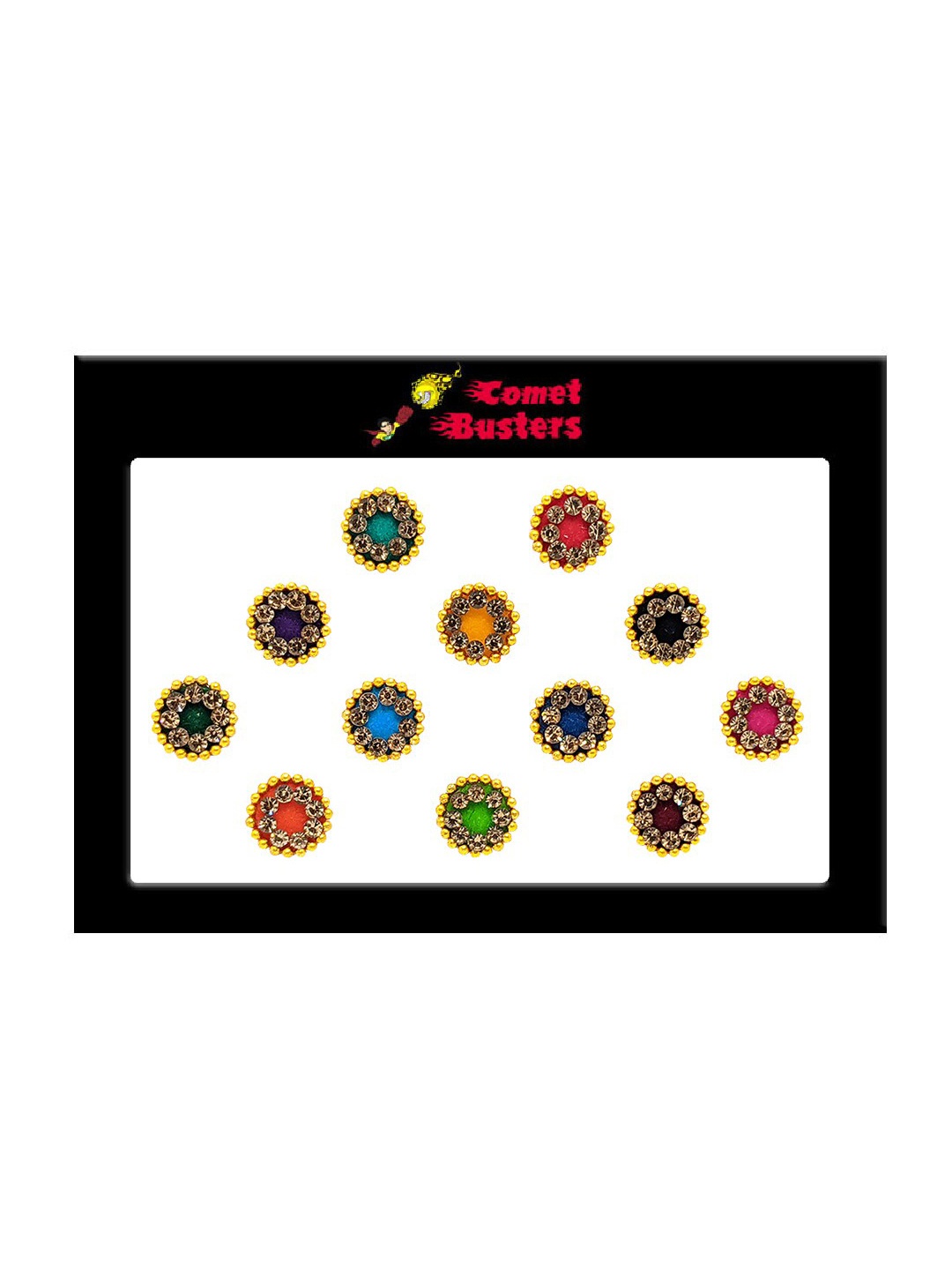 

Comet Busters 12 Pcs Embellished Reusable Designer Round Bindis - Multicoloured, Multi