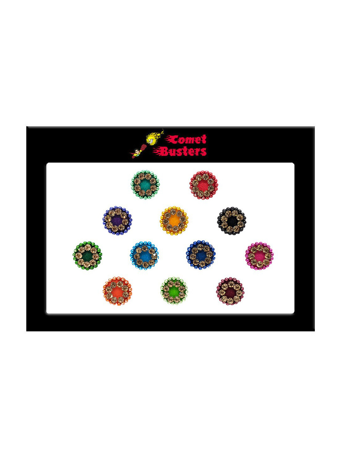 

Comet Busters 12 Pcs Embellished Reusable Designer Round Bindis - Multicoloured, Multi
