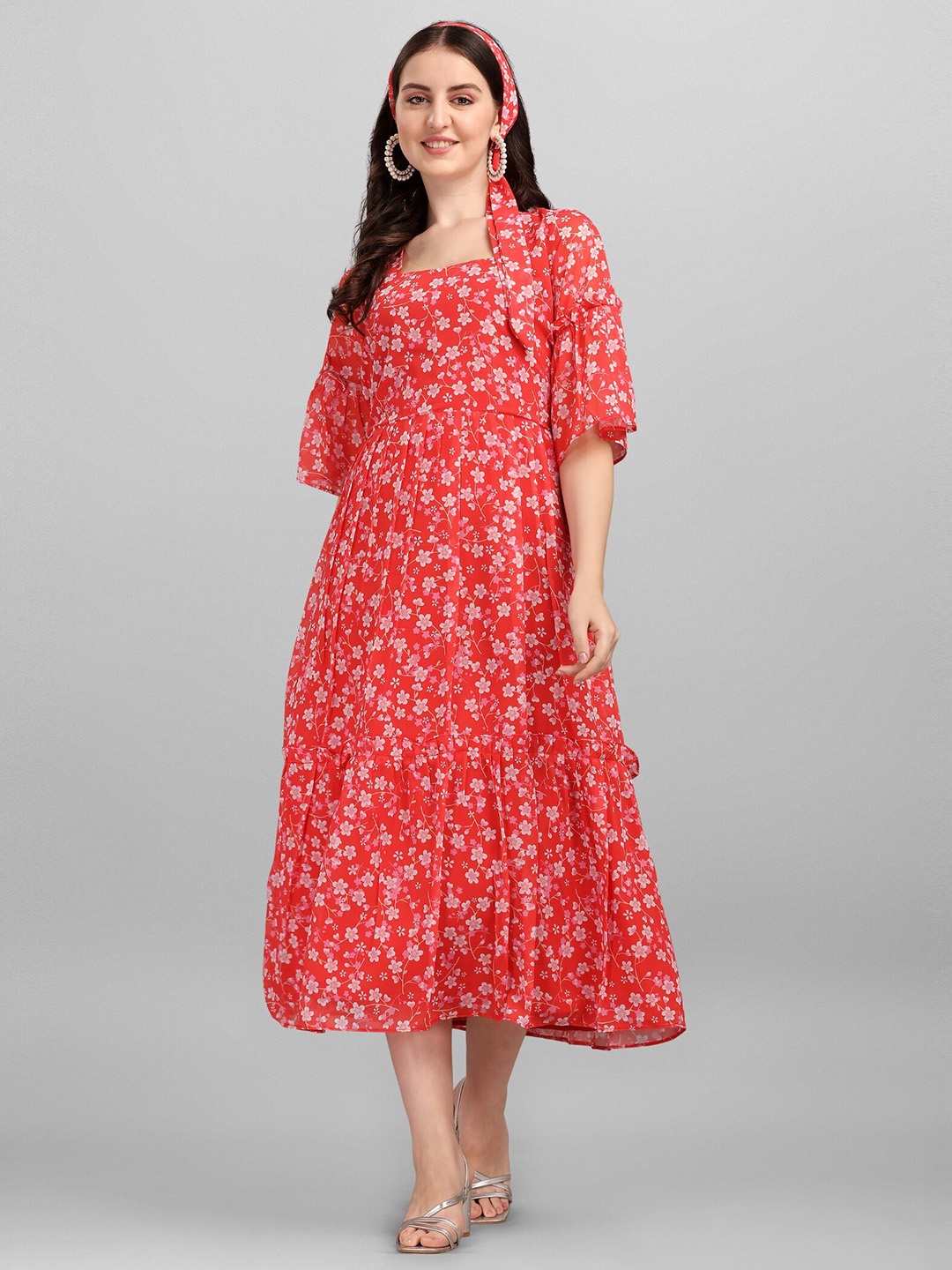 

Anaita Women Red & Pink Floral Georgette A-Line Midi Dress