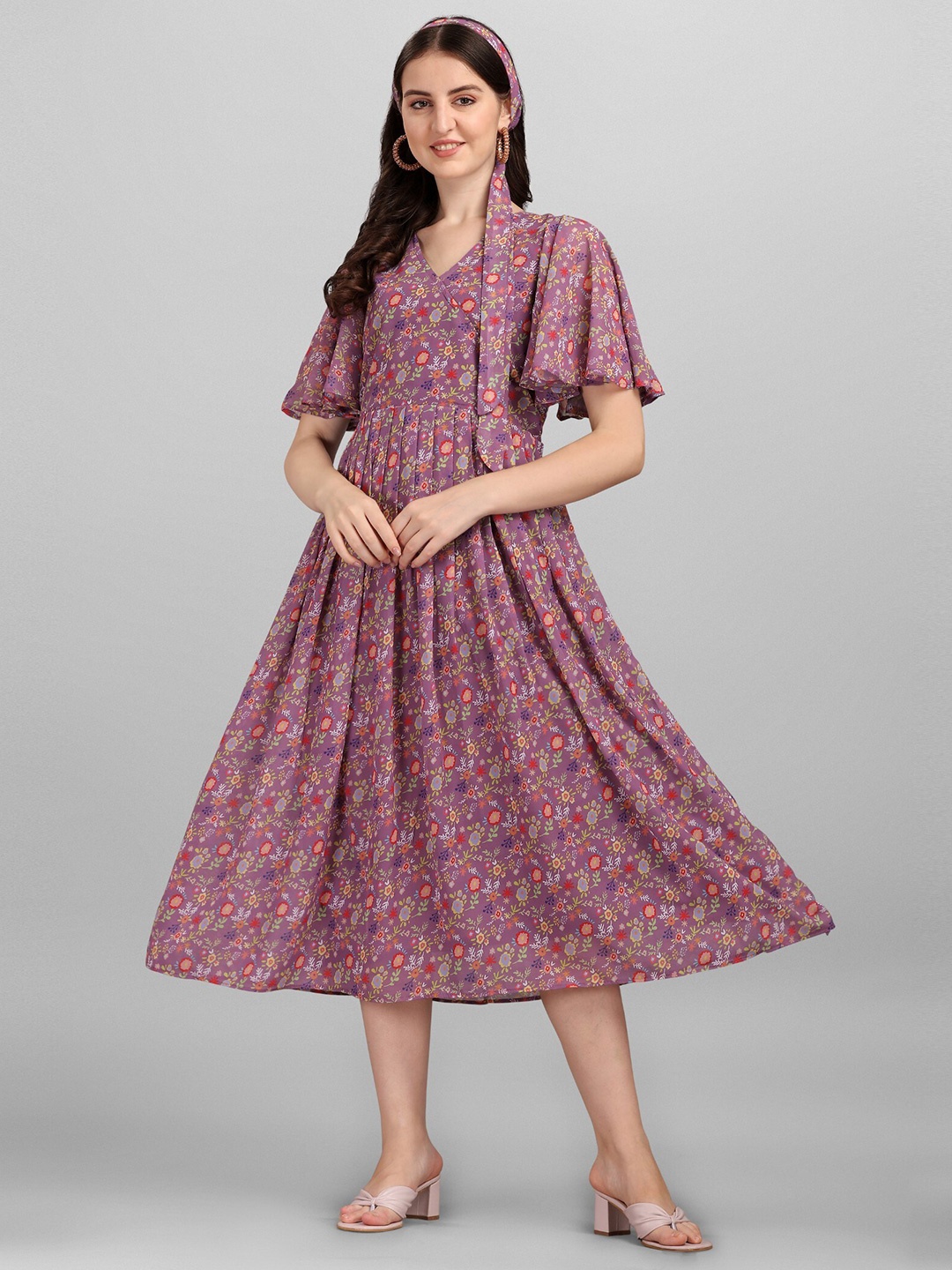 

Anaita Purple Floral Printed Empire Dress