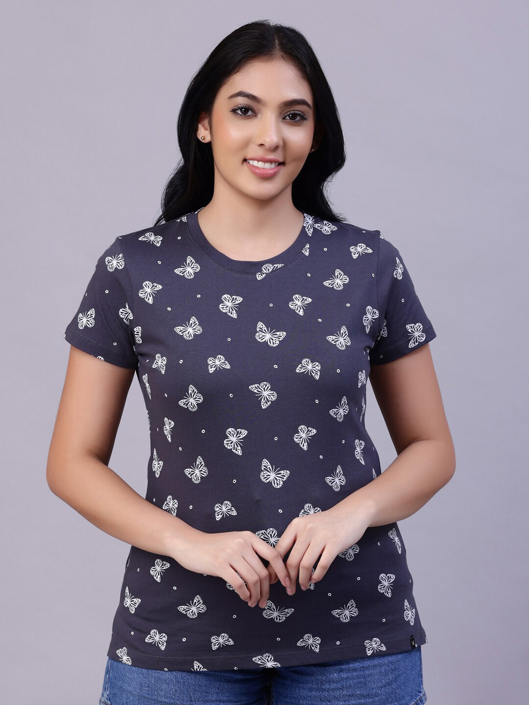 

TITTLI Women Navy Blue Printed Cotton T-shirt