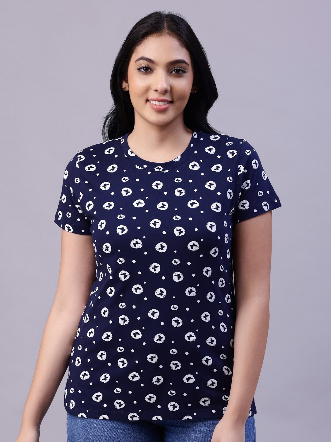 

TITTLI Women Navy Blue & White Printed Cotton T-shirt