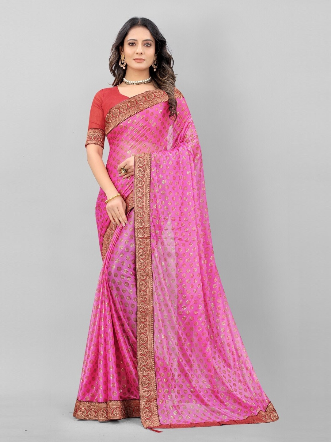 

APNISHA Pink & Gold-Toned Floral Foil printed Lycra Saree