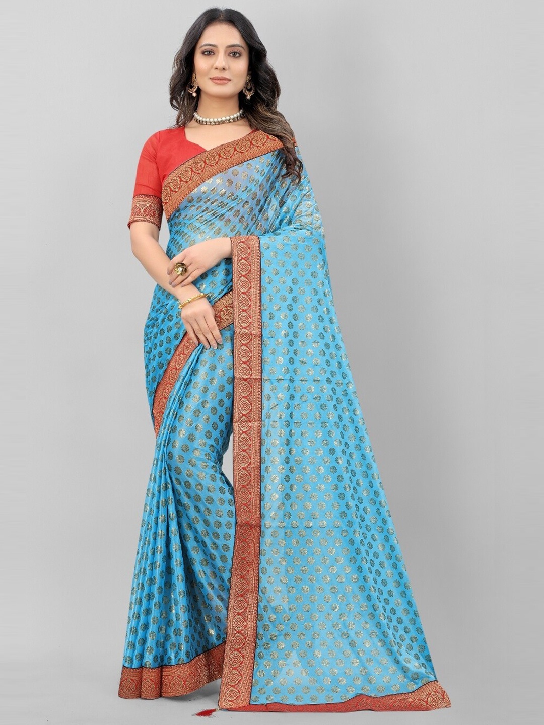 

APNISHA Blue & Gold-Toned Floral Printed Saree
