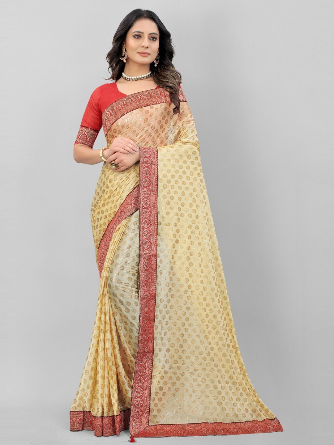 

APNISHA Beige & Pink Ethnic Motifs Saree