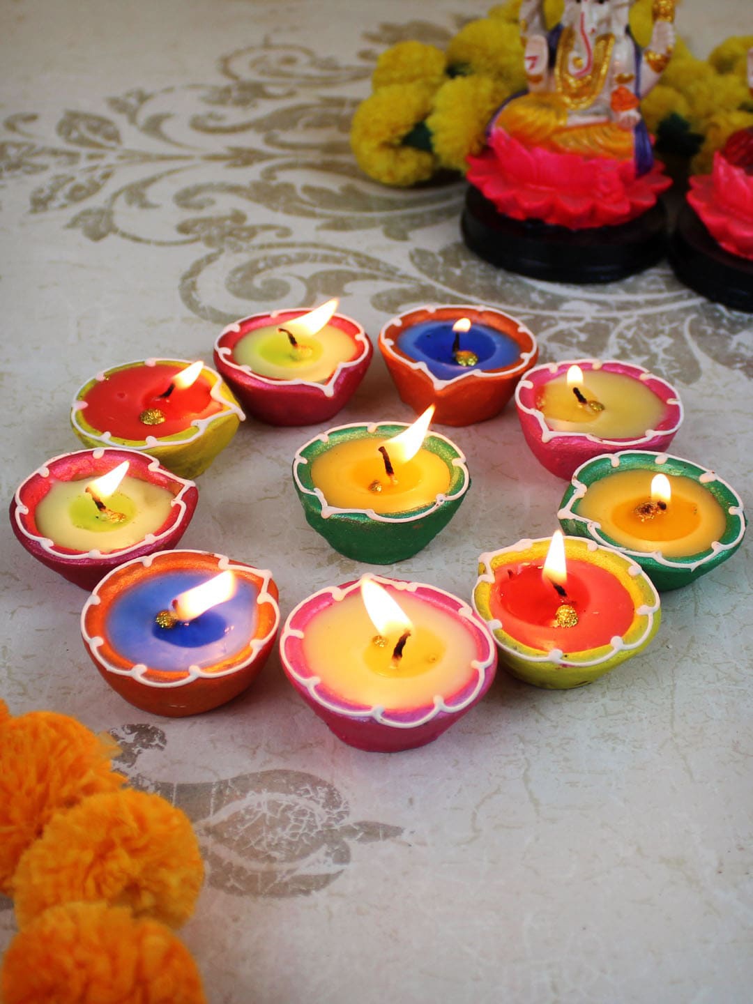 

TIED RIBBONS Set of 10 Multi-Coloured Terracotta Wax Filled Diya Candles, Green