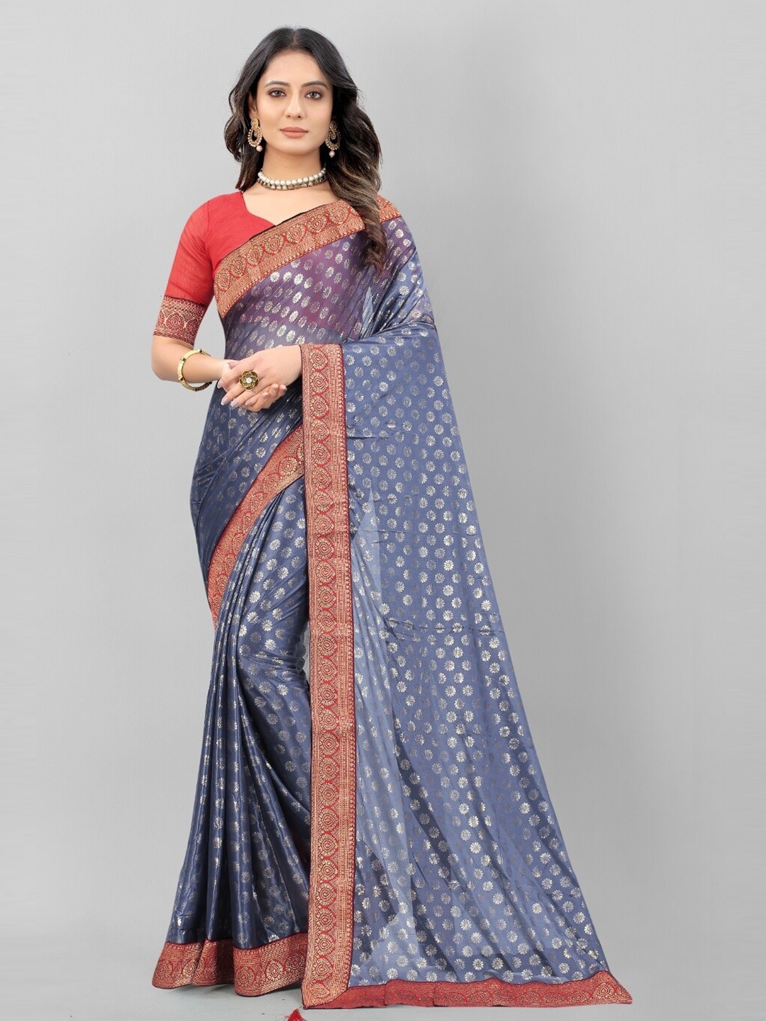 

APNISHA Grey & Red Ethnic Motifs Printed Saree