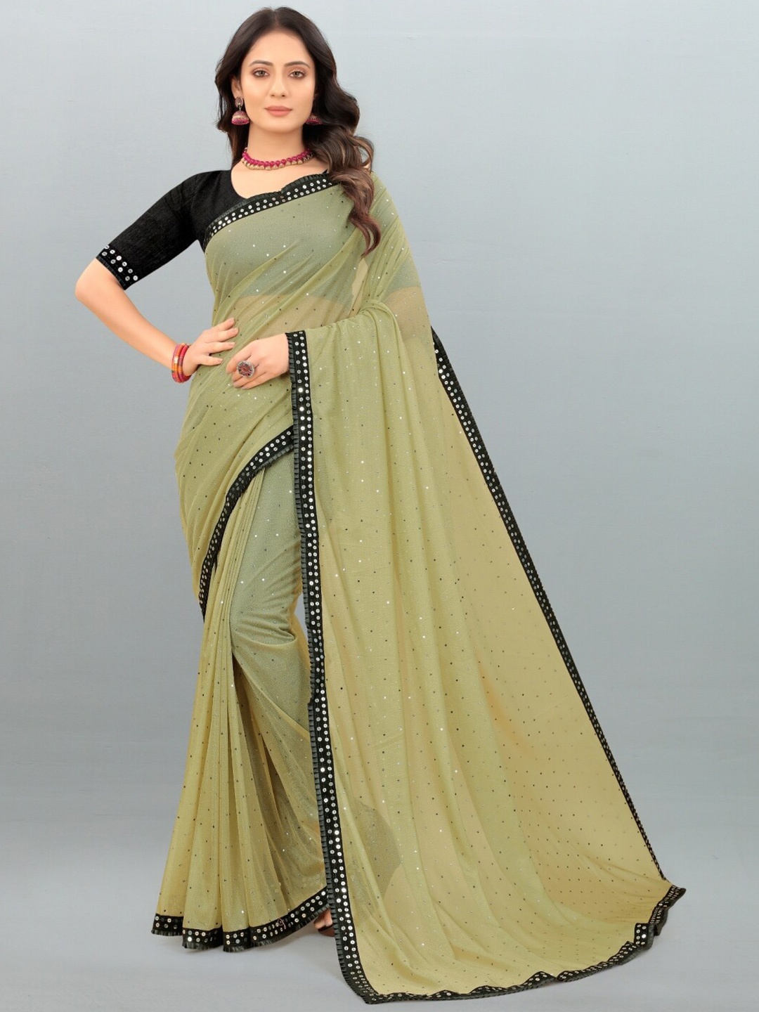 

APNISHA Olive Green & Black Sequin Embellished Saree