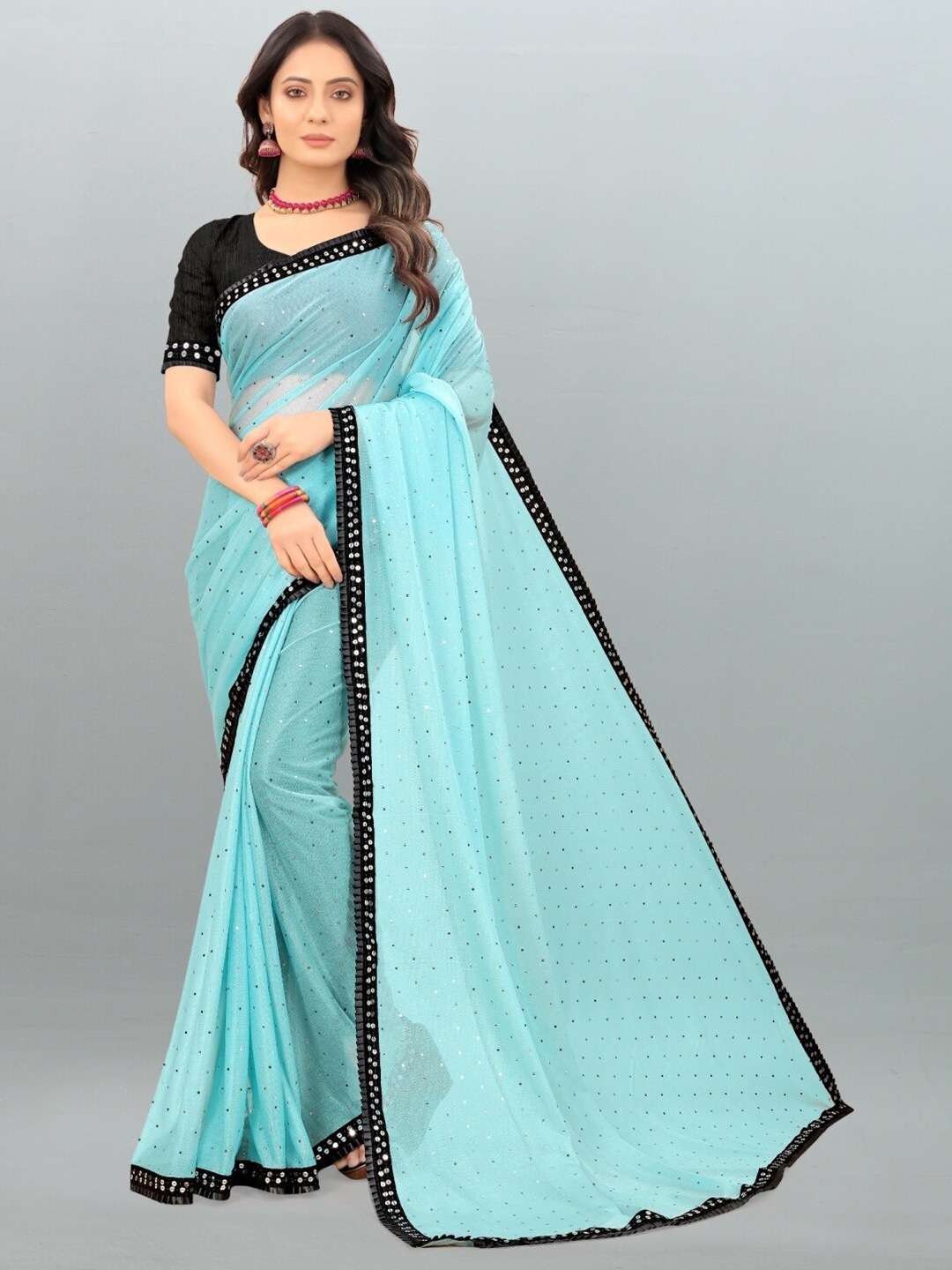 

APNISHA Women Blue & Black Embellished Sequinned Lycra Saree