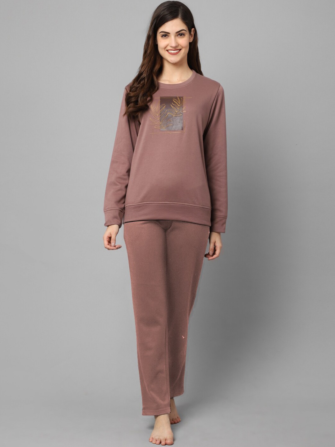 

Kanvin Women Camel Brown & Black Printed Night suit