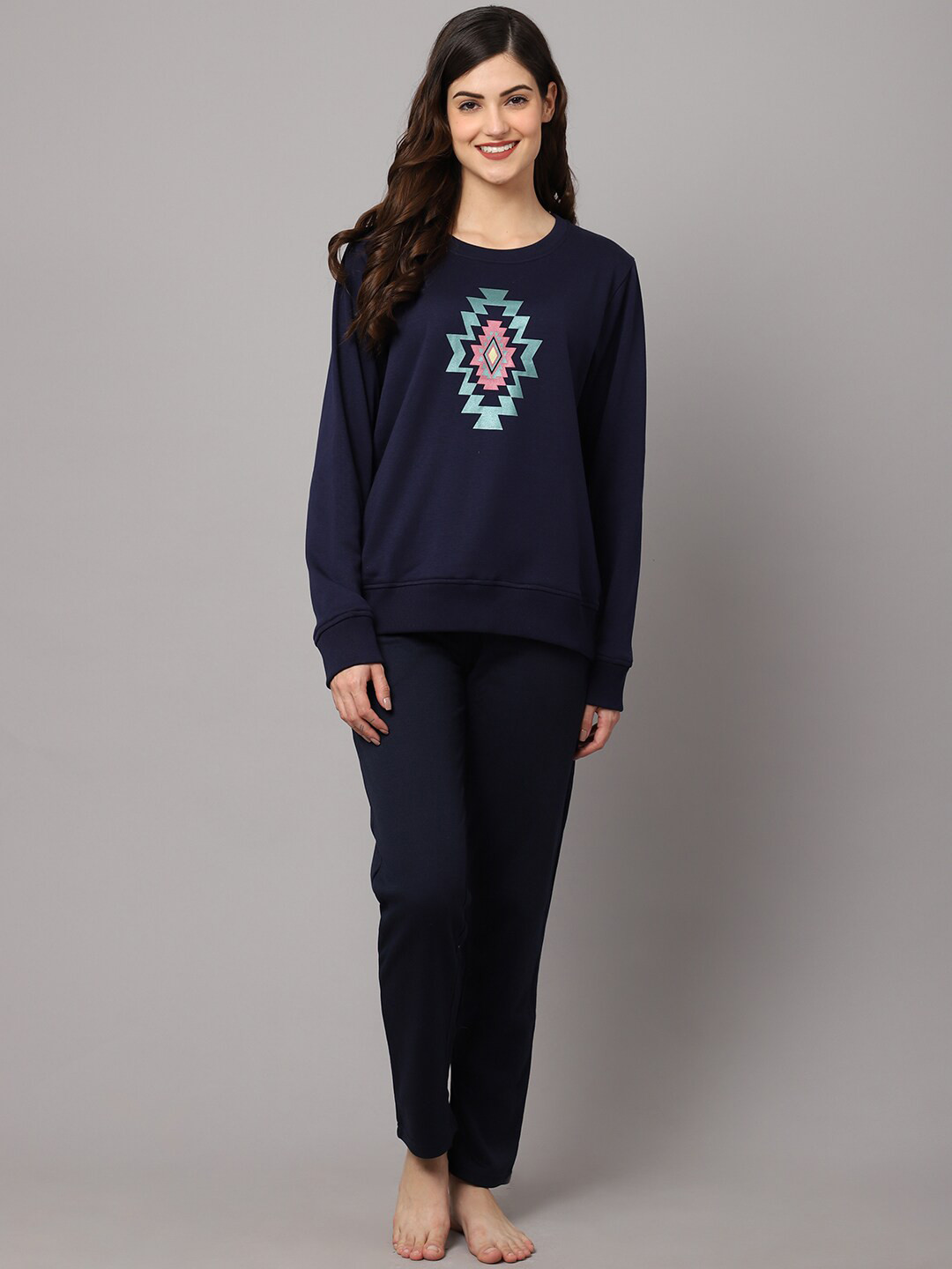

Kanvin Women Navy Blue & Pink Printed Night suit