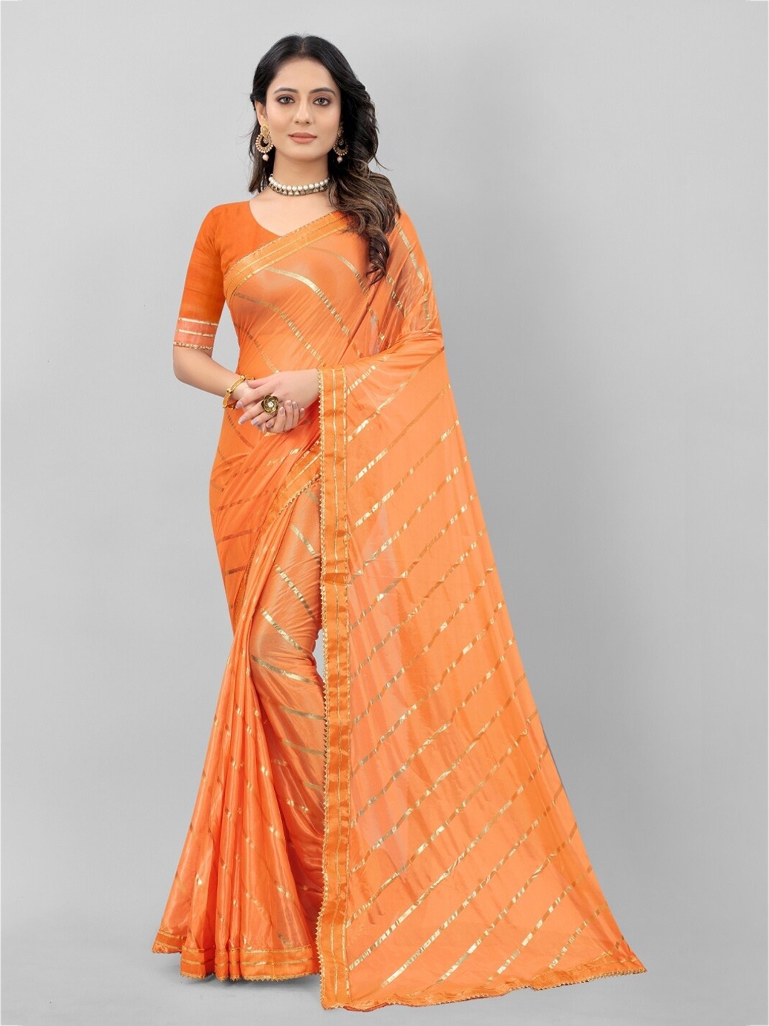 

APNISHA Orange & Gold-Toned Striped Gotta Patti Saree