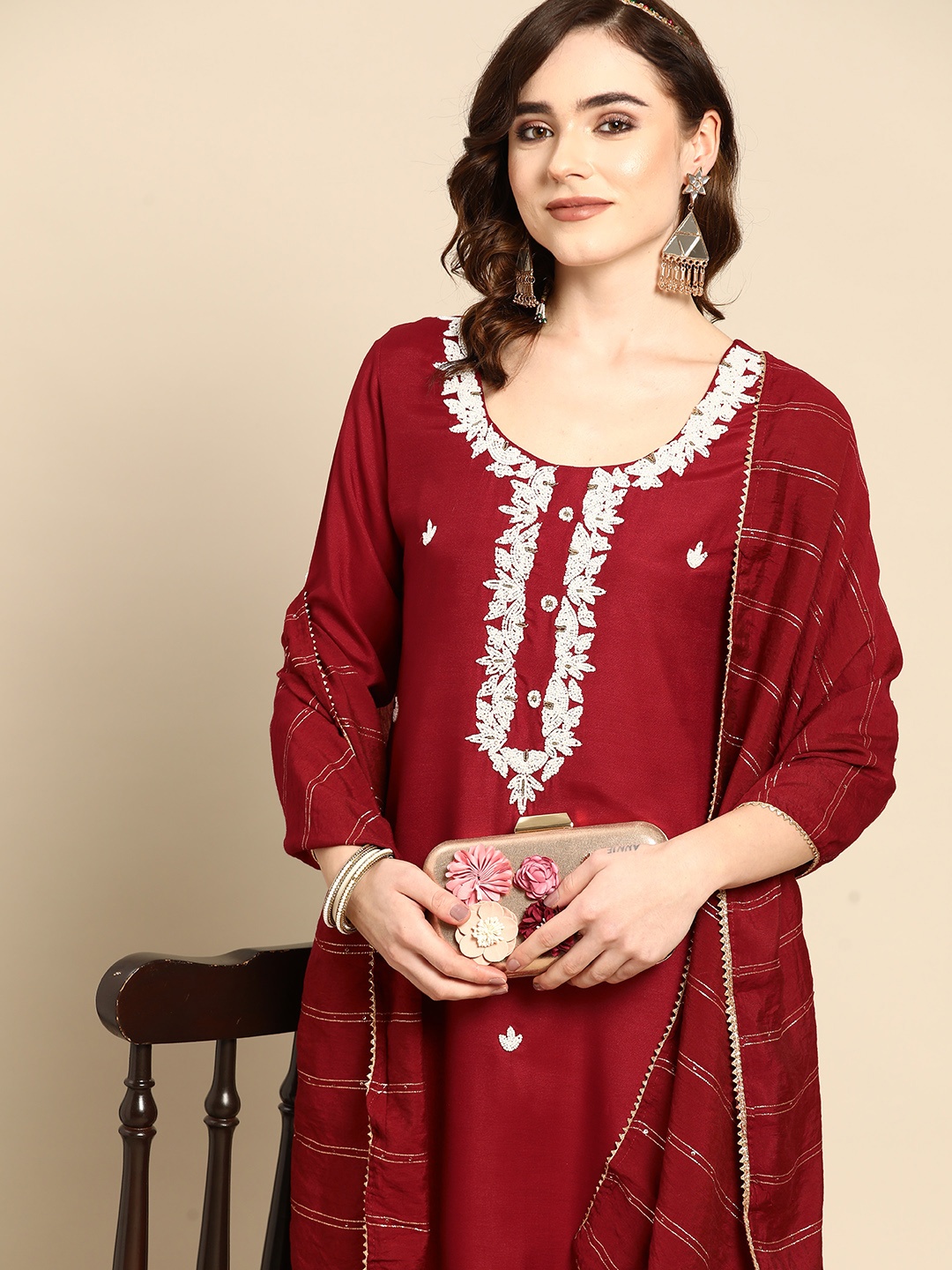 

Sangria Women Maroon & White Ethnic Embellished Beaded Kurta with Trousers & Dupatta