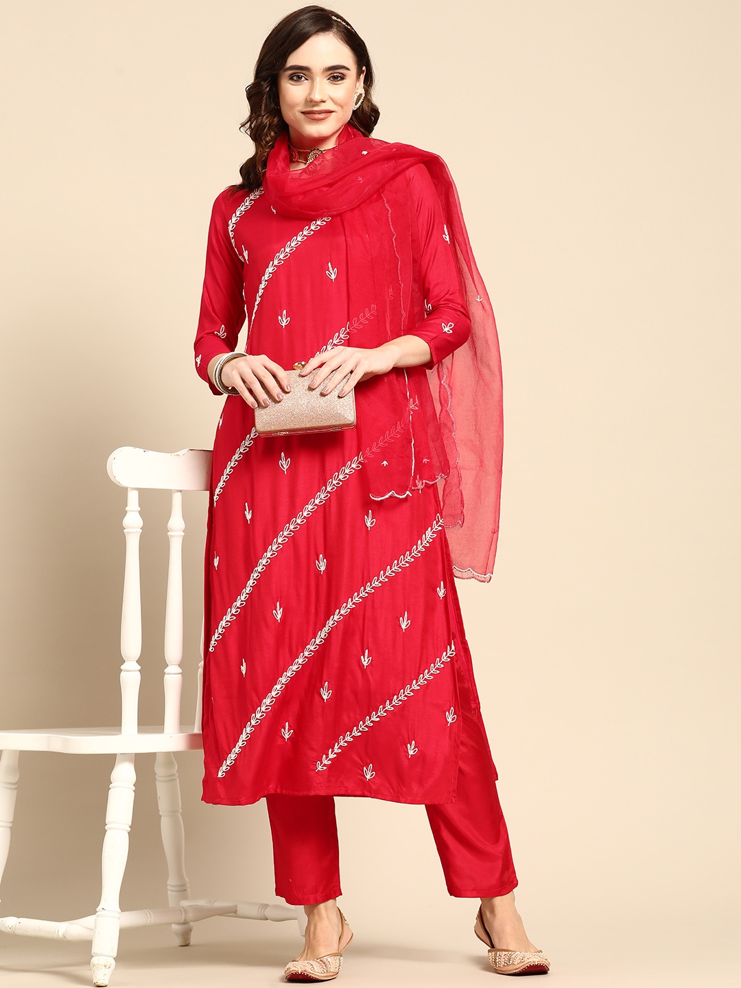 

Sangria Women Red & White Ethnic Embellished Beaded Kurta with Trousers & Dupatta