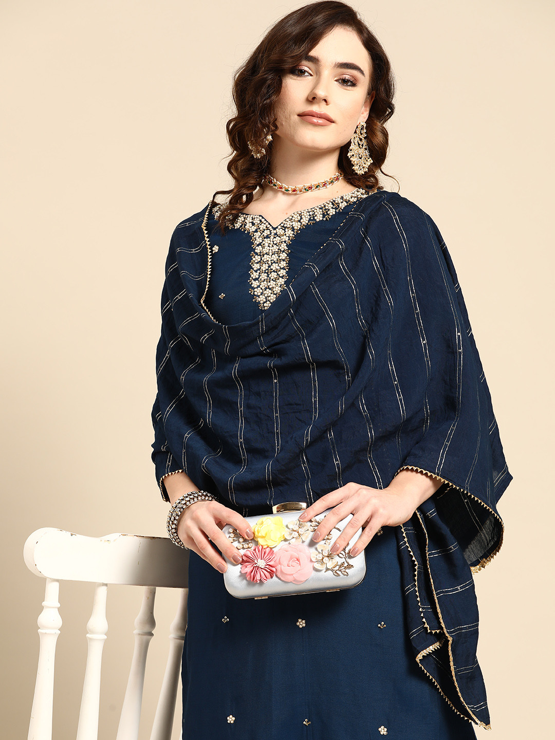 

Sangria Women Navy Blue & White Ethnic Embellished Beaded Kurta with Trousers & Dupatta
