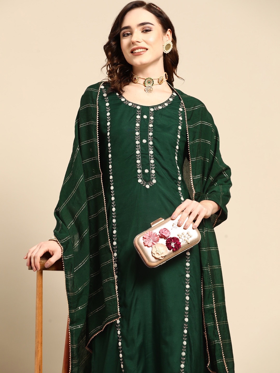 

Sangria Women Green & White Ethnic Embellished Beaded Kurta with Trousers & Dupatta