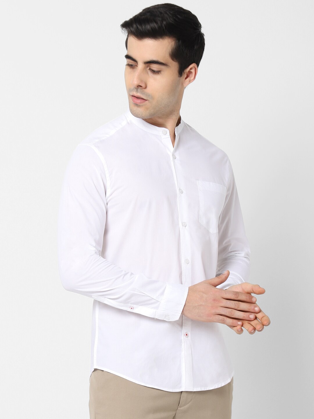 

VASTRADO Men White Solid Mandarin Collar Casual Cotton Shirt