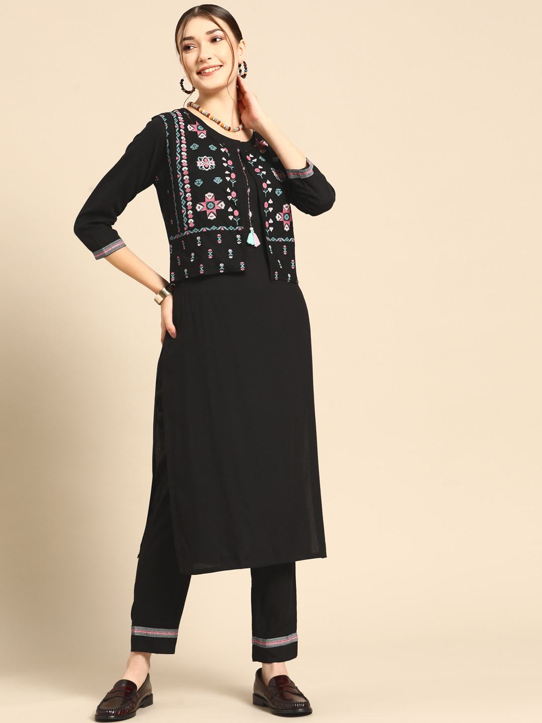 

Sangria Women Black Layered Sequinned Kurta with Trousers & Printed Ethnic Jacket