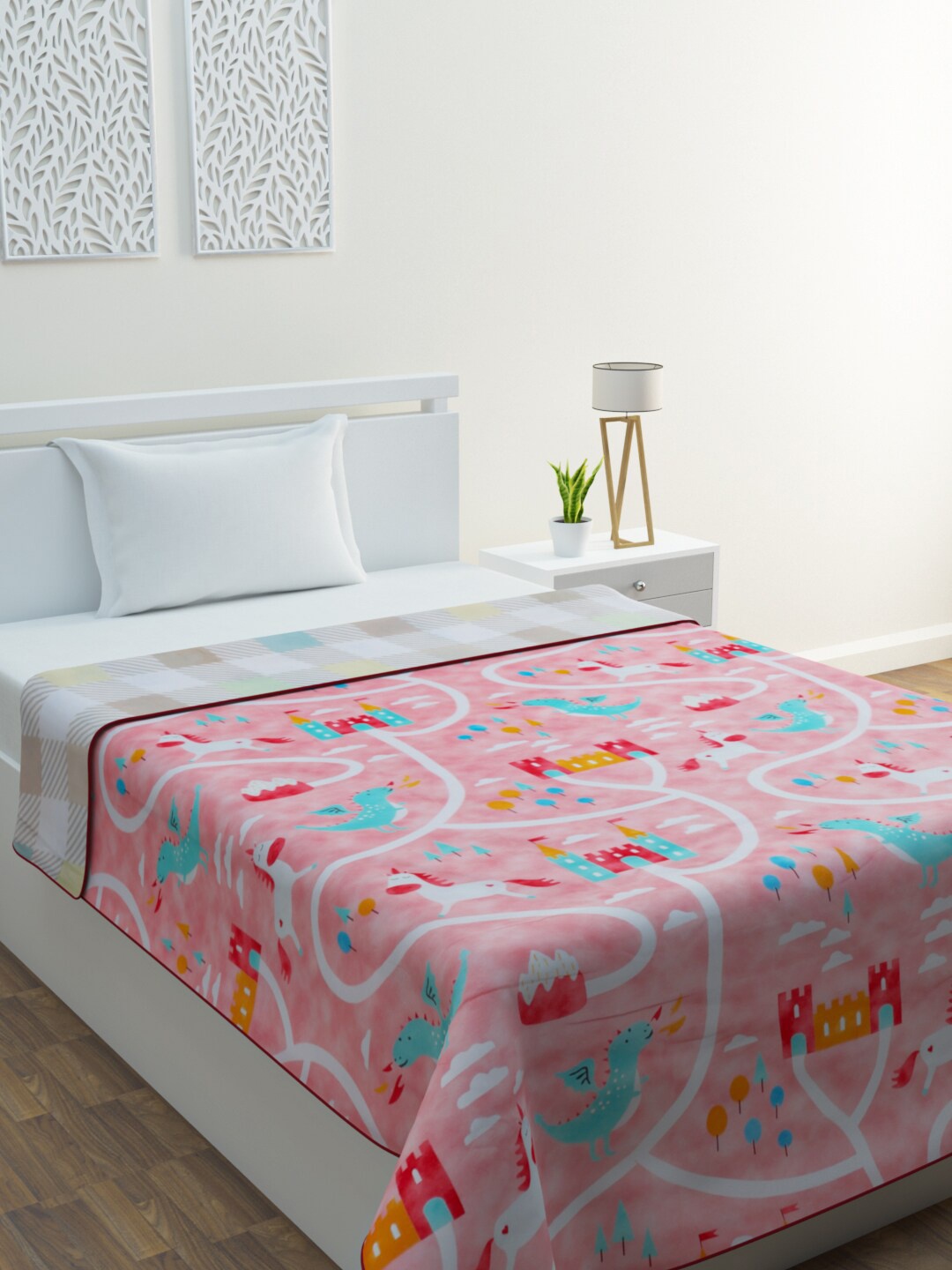 

HOME AFFAIRS Pink & Blue Cartoon Characters AC Room 233 GSM Cotton Single Bed Dohar