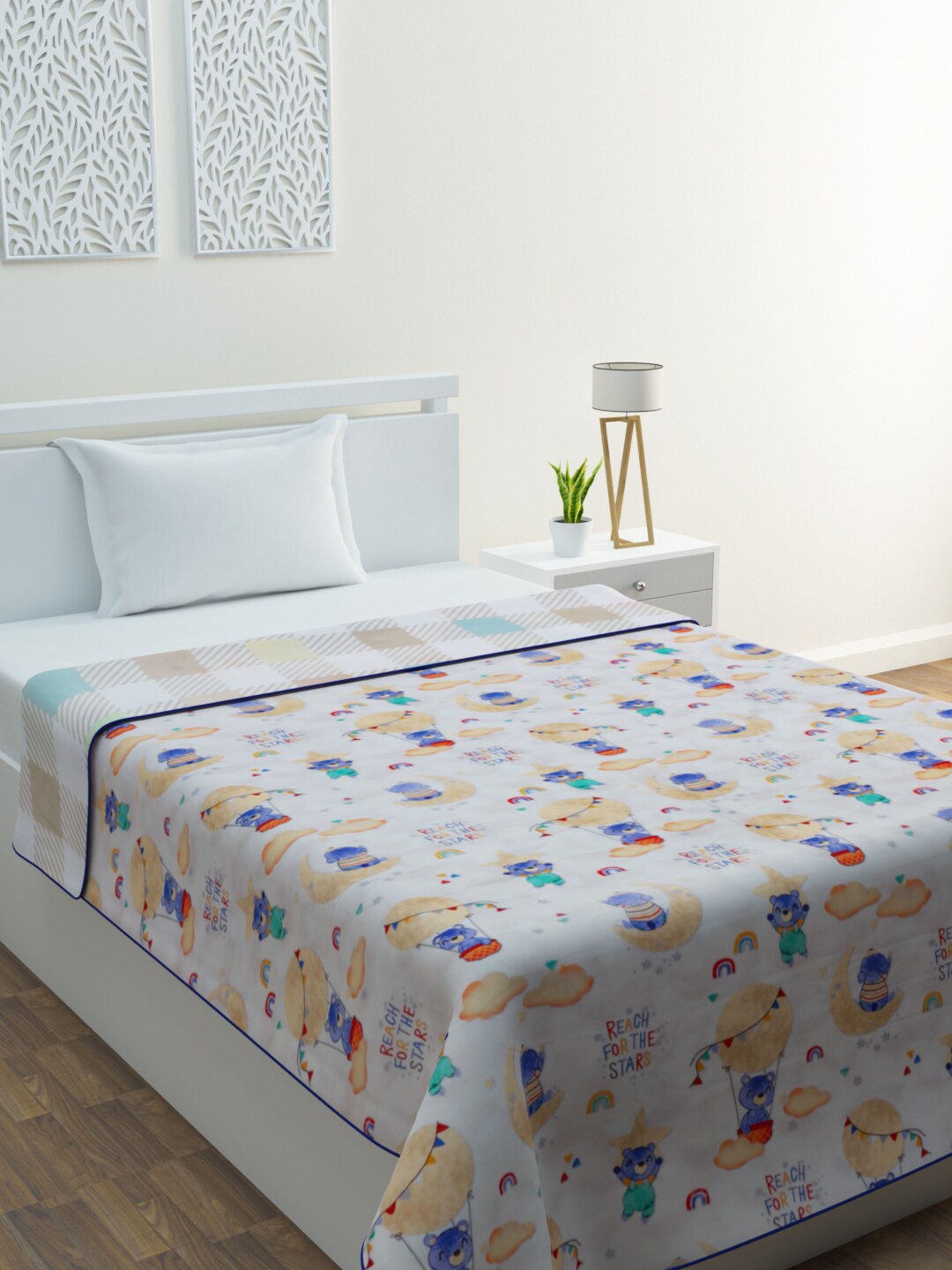 

HOME AFFAIRS Cream-Coloured & Blue AC Room 233 GSM Reversible Pure Cotton Single Bed Dohar