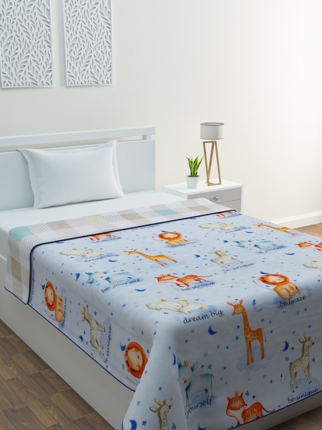 

HOME AFFAIRS Off White & Blue Cartoon Characters AC Room 233 GSM Single Bed Dohar