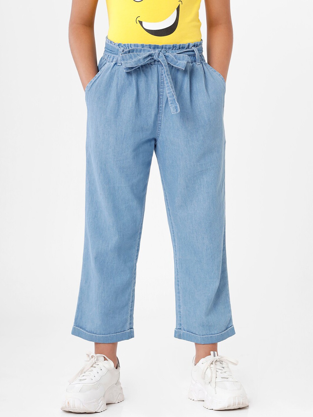 

De Moza Girls Blue Solid Loose Fit Cotton Pleated Culottes
