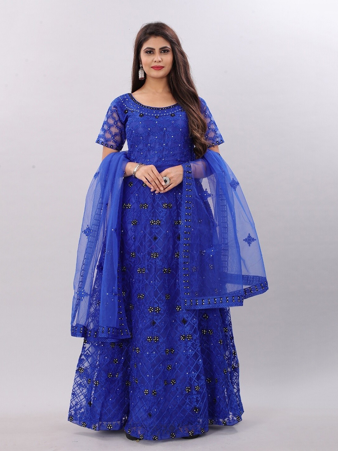 

APNISHA Women Blue Embellished Net Ethnic Maxi Maxi Dress