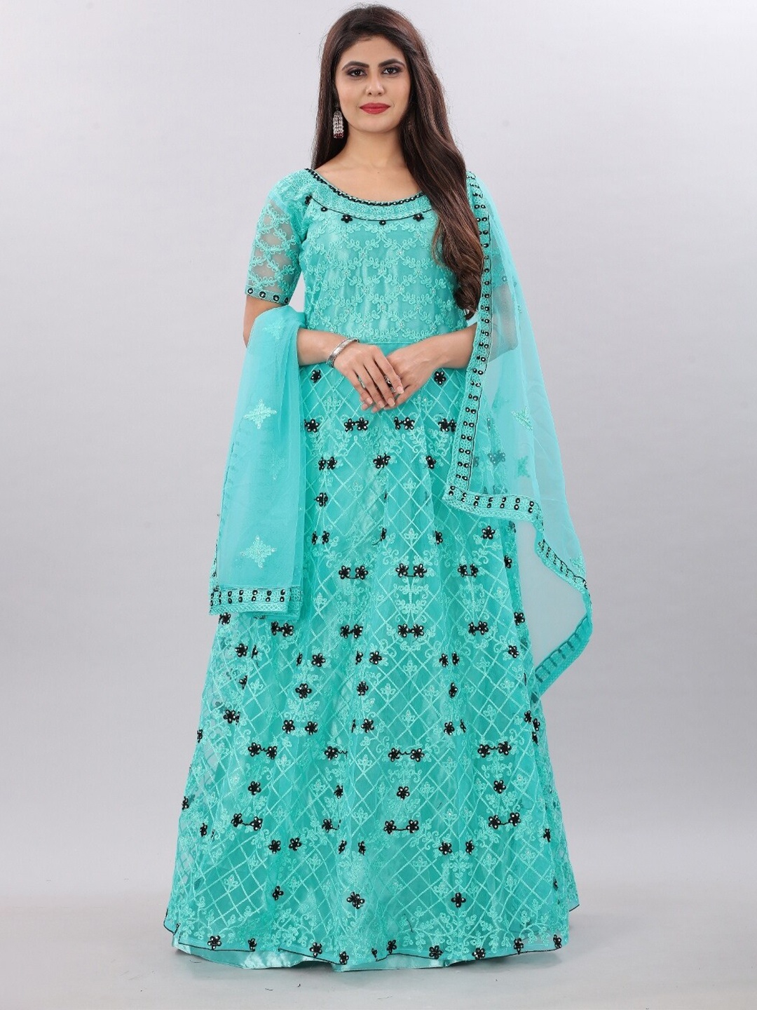 

APNISHA Turquoise Blue & Black Floral Net Ethnic Maxi Dress