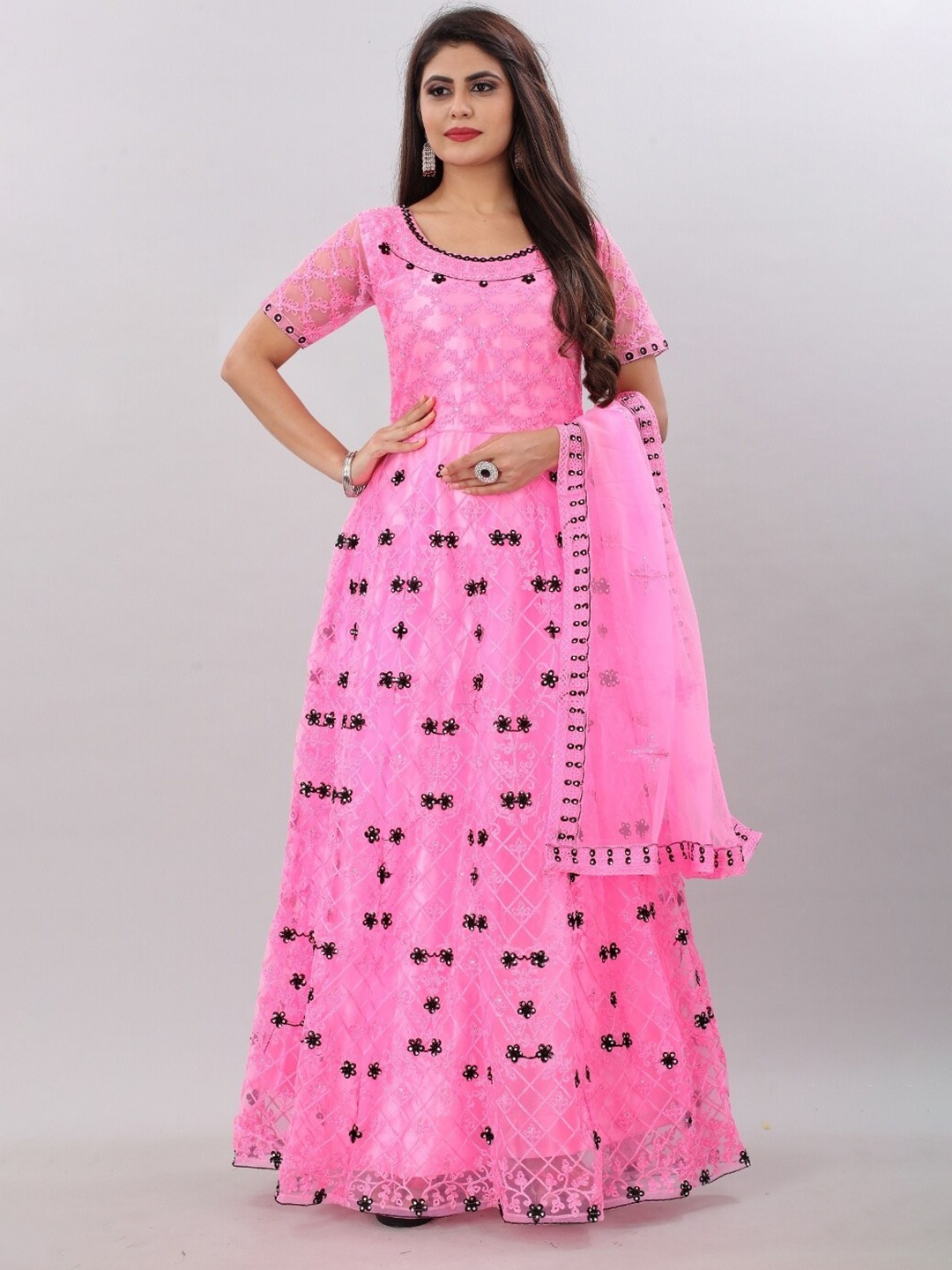 

APNISHA Pink Floral Embroidered Net Maxi Dress