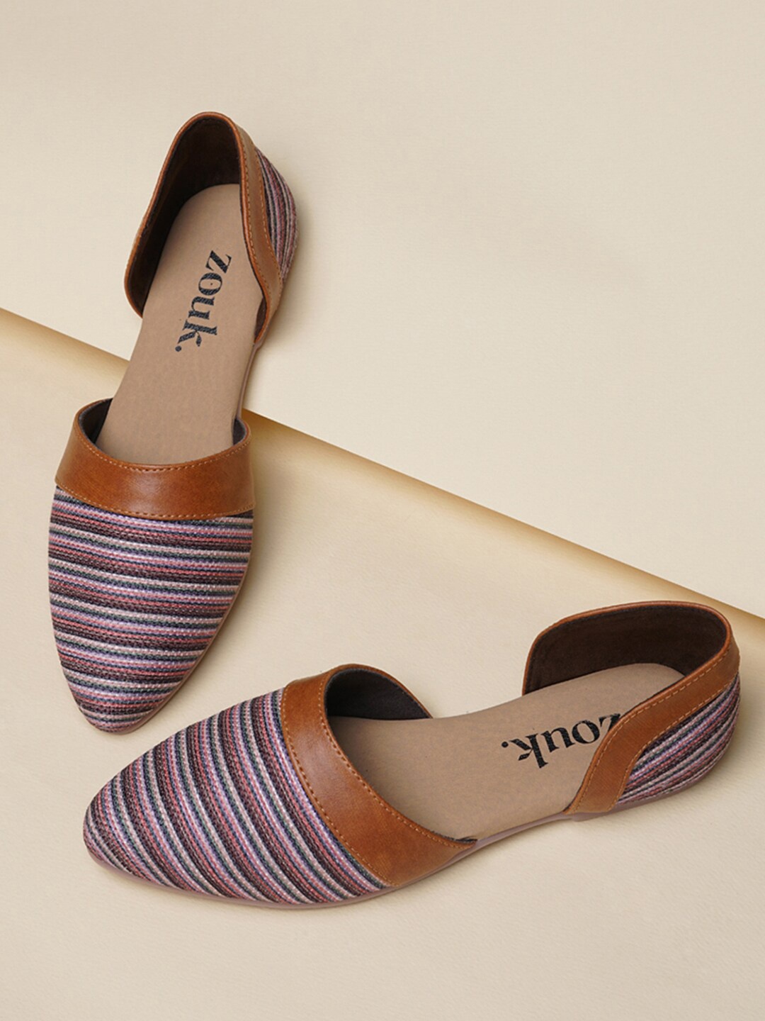 

ZOUK Women Brown Striped Ballerinas Flats
